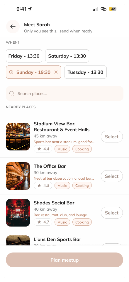 Cue app — match and plan